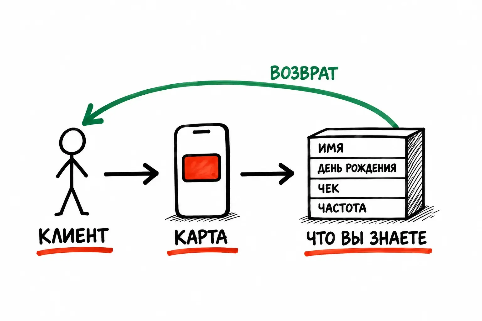 Оцифрованная клиентская база в UDS (ЮДС): клиент получает карту, бизнес видит имя, дату рождения, средний чек и частоту визитов, клиент возвращается.
