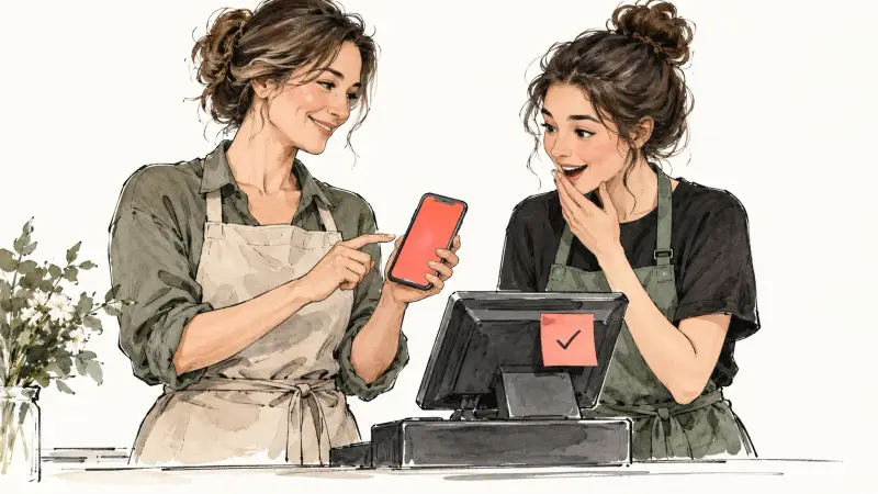 Хозяйка магазина показывает кассиру в телефоне, как работает UDS, на кассе стикер с галочкой
