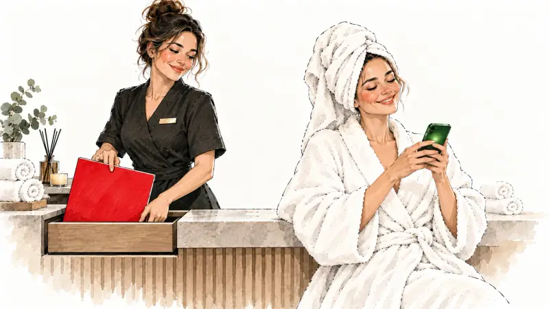 Администратор SPA-салона убирает табличку распродажи, гостья в халате записывается на следующий визит