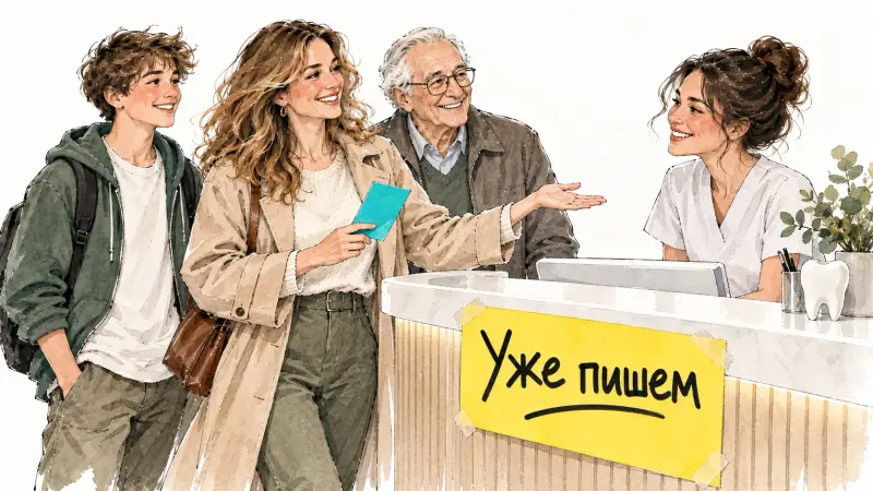 Женщина привела на ресепшен стоматологии сына-подростка и отца, администратор встречает их улыбкой